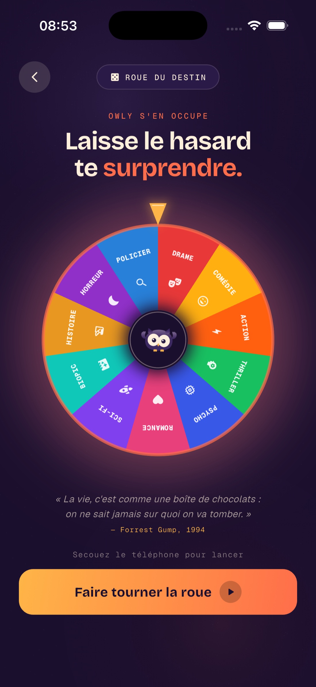 Écran Roue du destin dans l'app