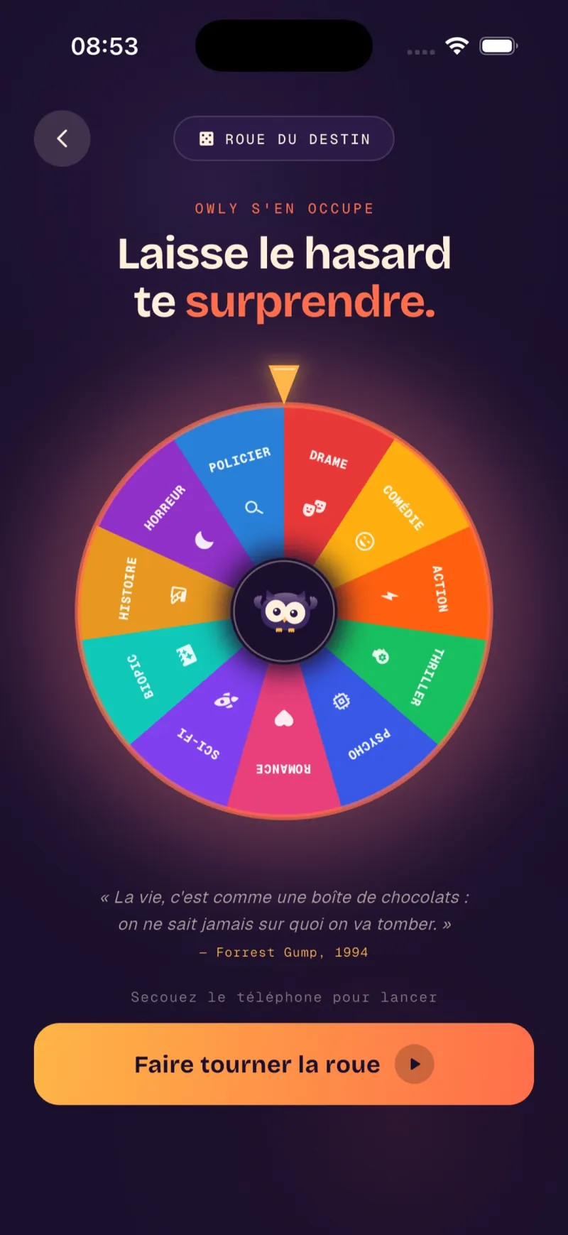 Wheel of Fate screen in the app